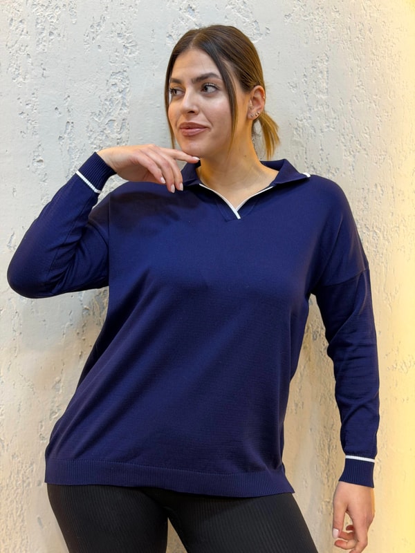 Polo Yaka Çizgili Merserize Triko Bluz Lacivert