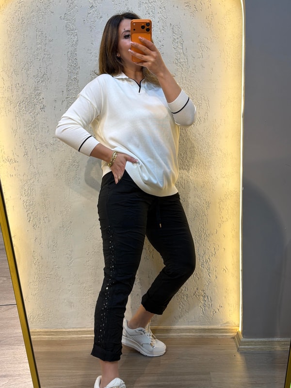Polo Yaka Çizgili Merserize Triko Bluz Beyaz