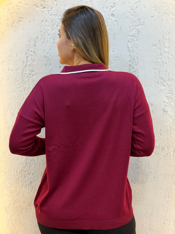Polo Yaka Çizgili Merserize Triko Bluz Bordo