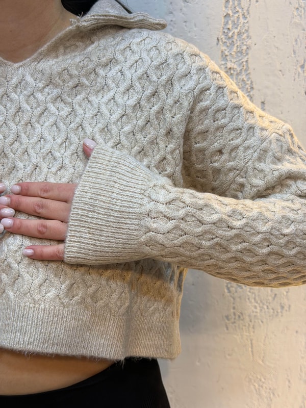 Polo Yaka Örgü Detaylı Crop Kazak Vizon