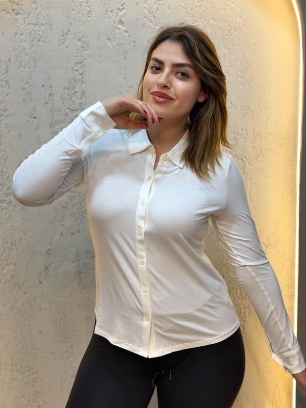 Polo Yaka Penye Gömlek Ekru