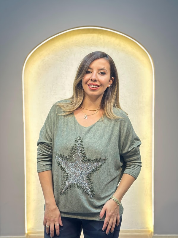 Pul İşlemeli İthal Star Bluz Haki