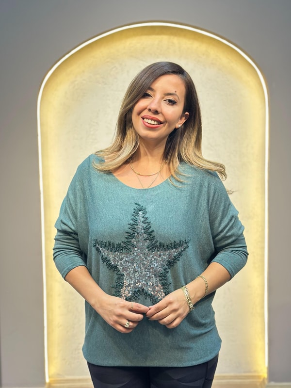 Pul İşlemeli İthal Star Bluz Yeşil