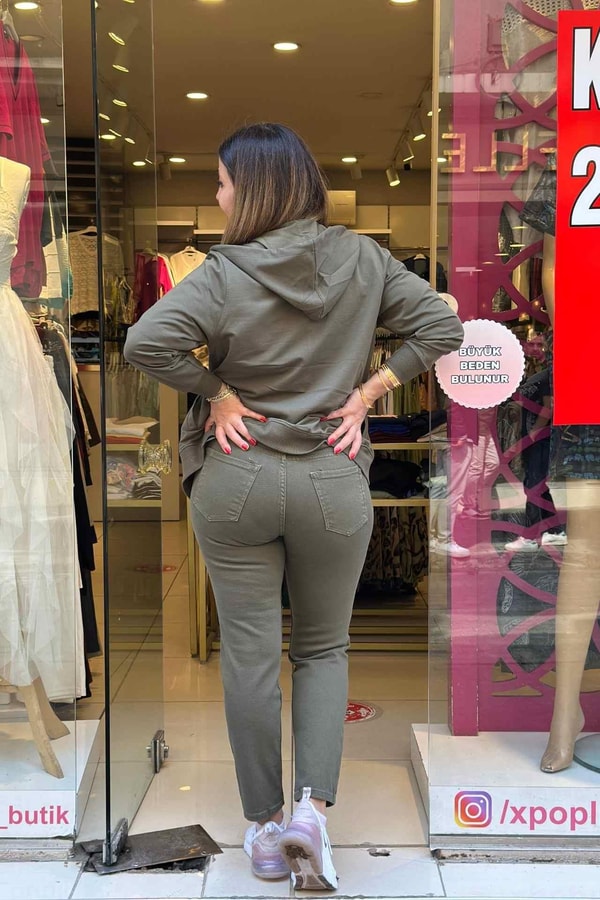Pul Payet Detaylı Kapüşonlu Fermuarlı Eşofman Üstü Haki
