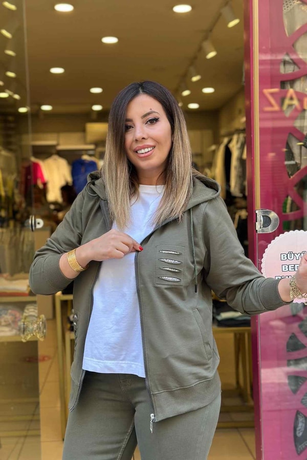 Pul Payet Detaylı Kapüşonlu Fermuarlı Eşofman Üstü Haki