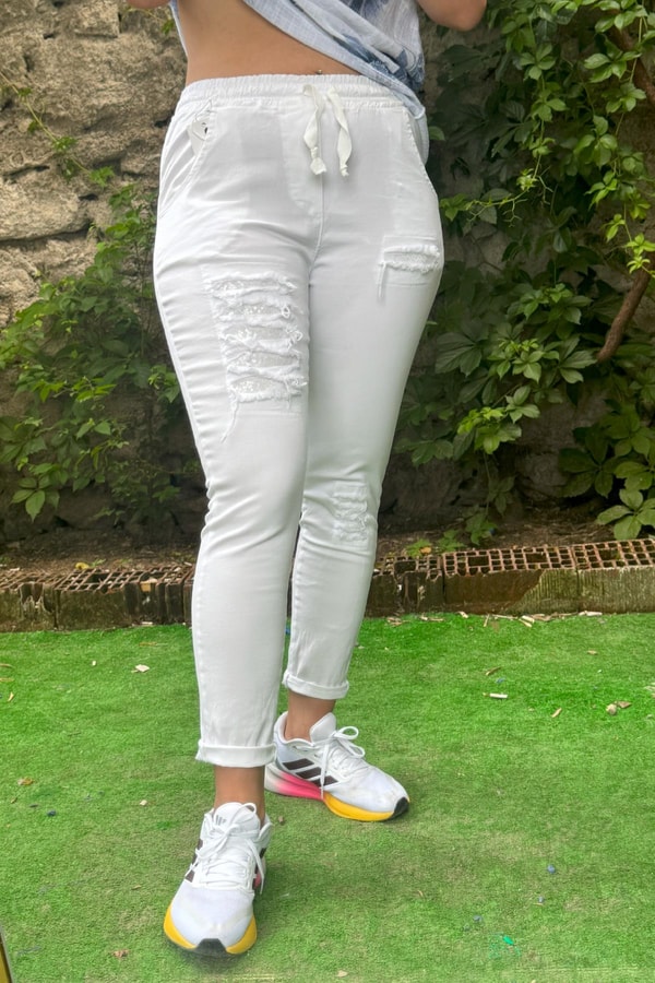 Pul Payetli Jogger Pantolon Beyaz