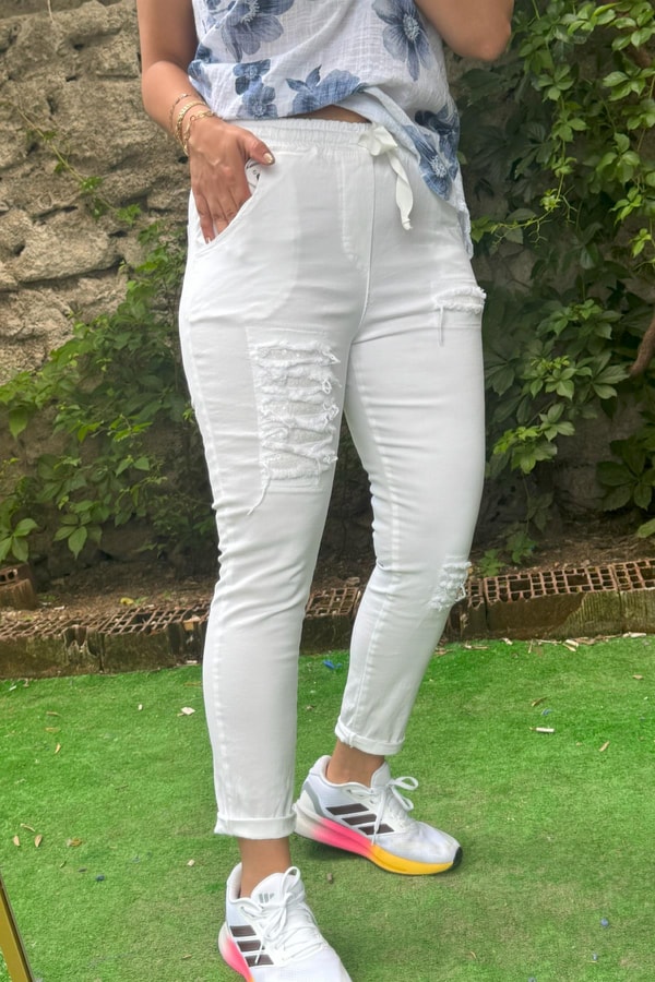 Pul Payetli Jogger Pantolon Beyaz
