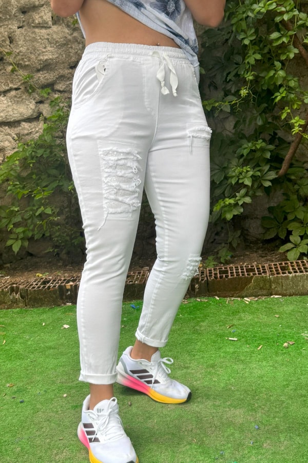 Pul Payetli Jogger Pantolon Beyaz