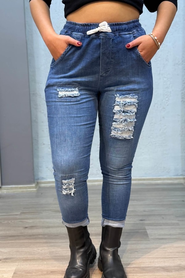 Pul Payetli Jogger Pantolon Mavi