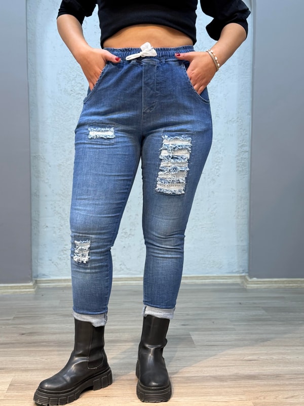Pul Payetli Jogger Pantolon Mavi