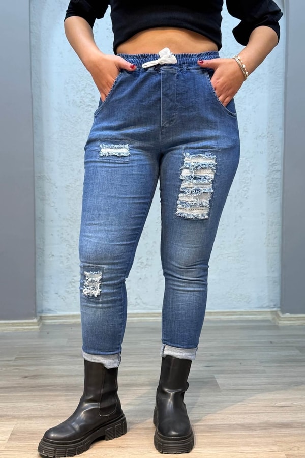 Pul Payetli Jogger Pantolon Mavi