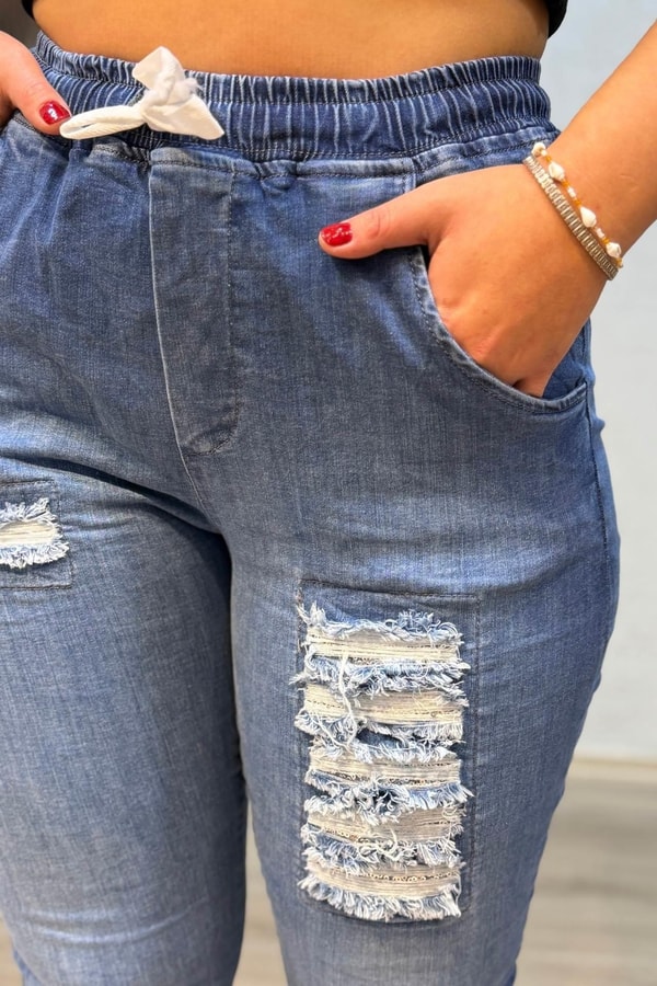 Pul Payetli Jogger Pantolon Mavi