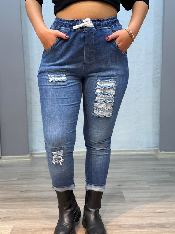 Pul Payetli Jogger Pantolon Mavi
