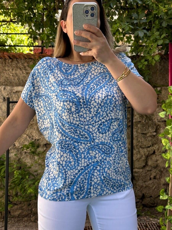 Şal Desenli Kısa Kollu Bluz Mavi