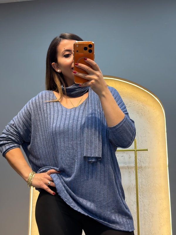 Şal Hediyeli İthal Triko Bluz Mavi