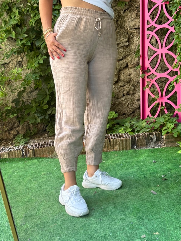 Sıkma Paça %100 Müslin Pantolon Vizon