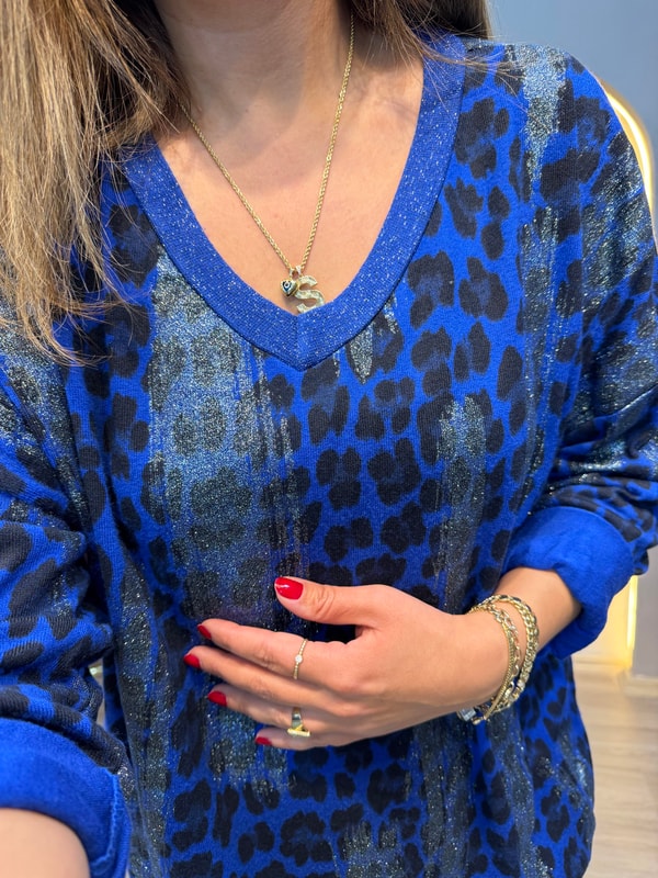 Sim Geçişli Leopar Desen İthal Bluz Saks Mavi