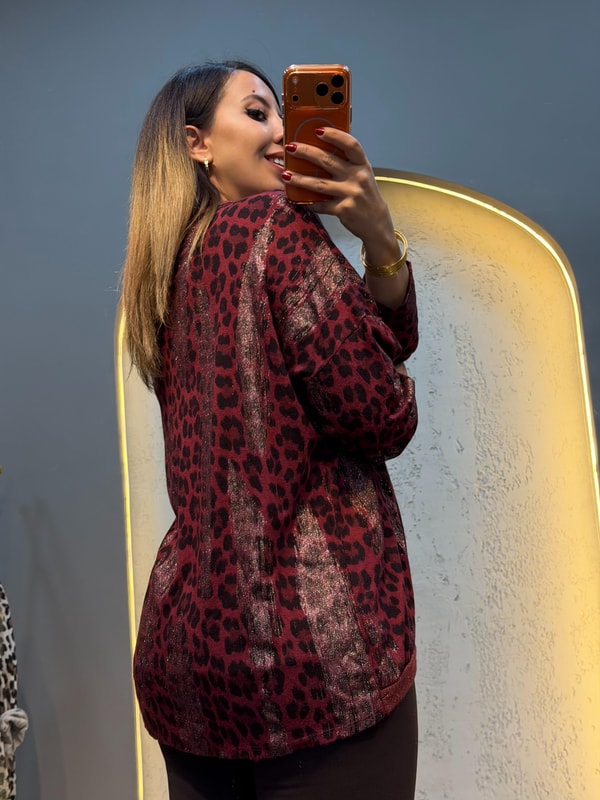 Sim Geçişli Leopar Desen İthal Bluz Bordo