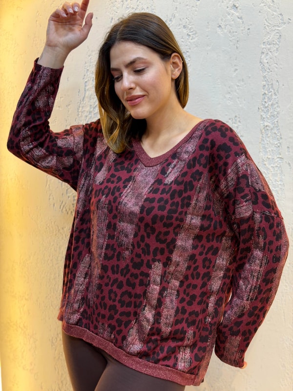 Sim Geçişli Leopar Desen İthal Bluz Bordo