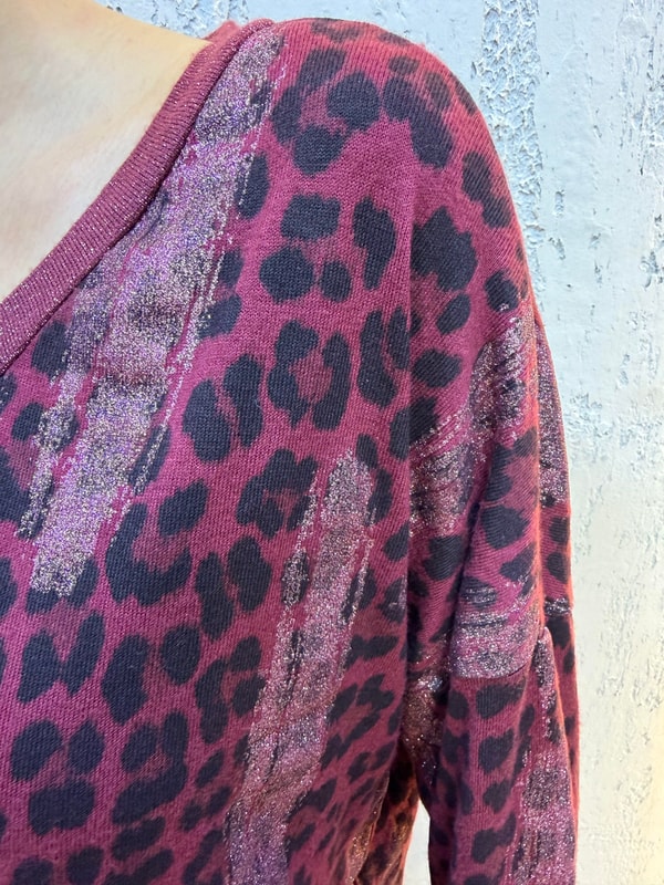 Sim Geçişli Leopar Desen İthal Bluz Bordo