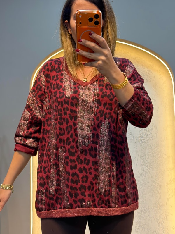 Sim Geçişli Leopar Desen İthal Bluz Bordo