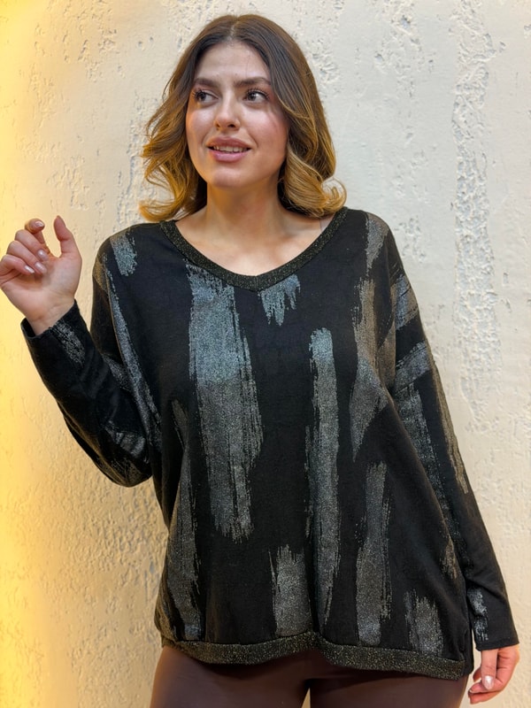 Sim Geçişli Leopar Desen İthal Bluz Siyah