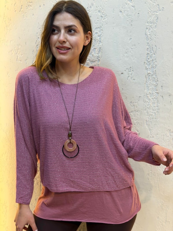 Sim Şerit Kolyeli İthal Üçlü Takım Bluz Pembe