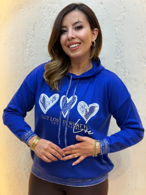 Simli Kapüşonlu Triko Sweatshirt Saks Mavi