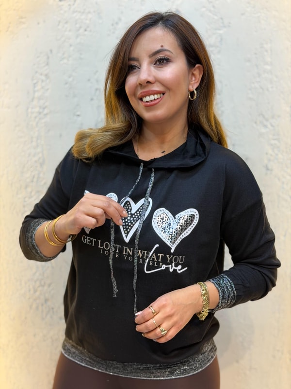 Simli Kapüşonlu Triko Sweatshirt Siyah