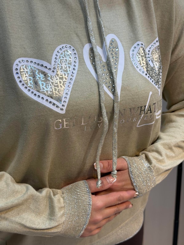 Simli Kapüşonlu Triko Sweatshirt Vizon