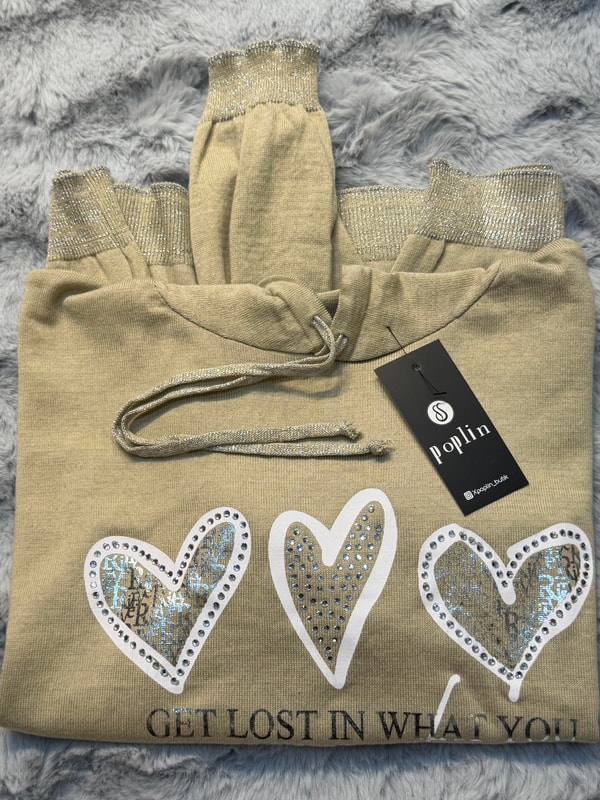 Simli Kapüşonlu Triko Sweatshirt Vizon