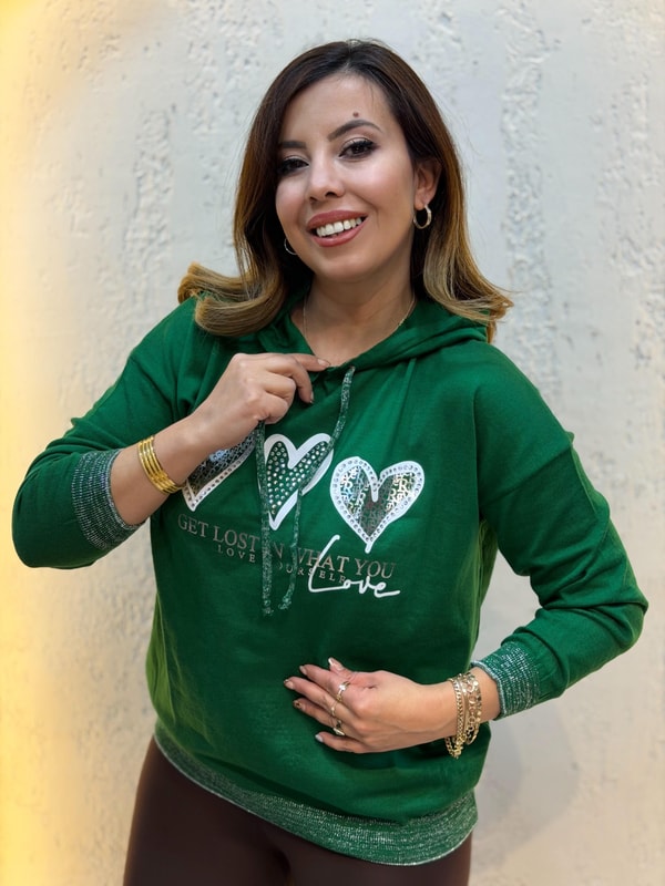Simli Kapüşonlu Triko Sweatshirt Yeşil