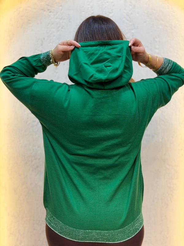 Simli Kapüşonlu Triko Sweatshirt Yeşil