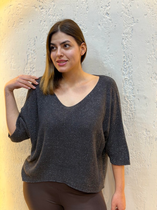 Simli V Yaka İthal Merserize Bluz Acı Kahve