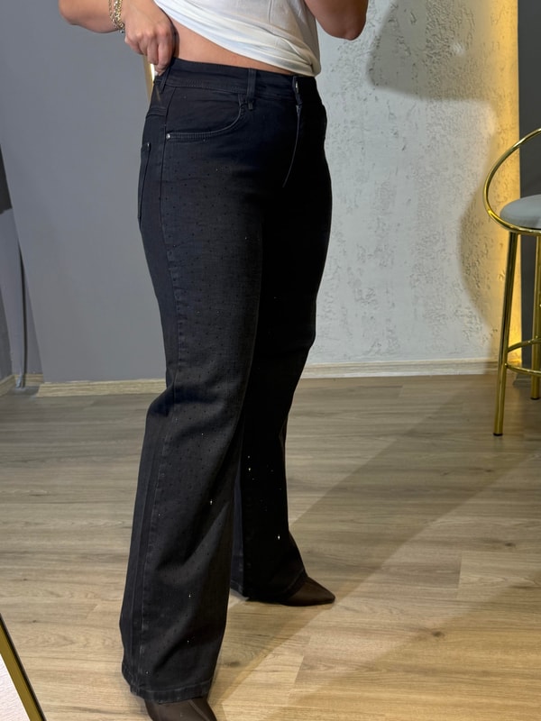Taşlı Slim Fit Kot Pantolon Siyah
