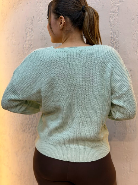 Üç Düğmeli Crop Hırka Su Yeşili