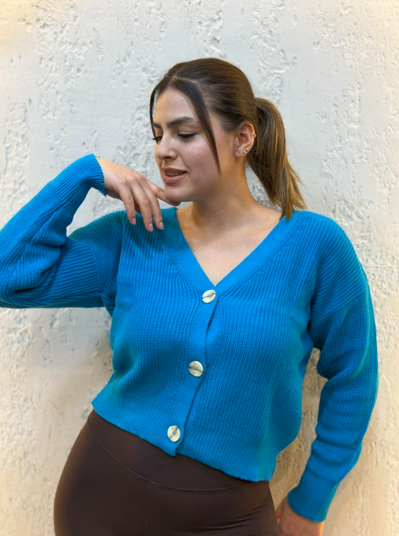 Üç Düğmeli Crop Hırka Turkuaz