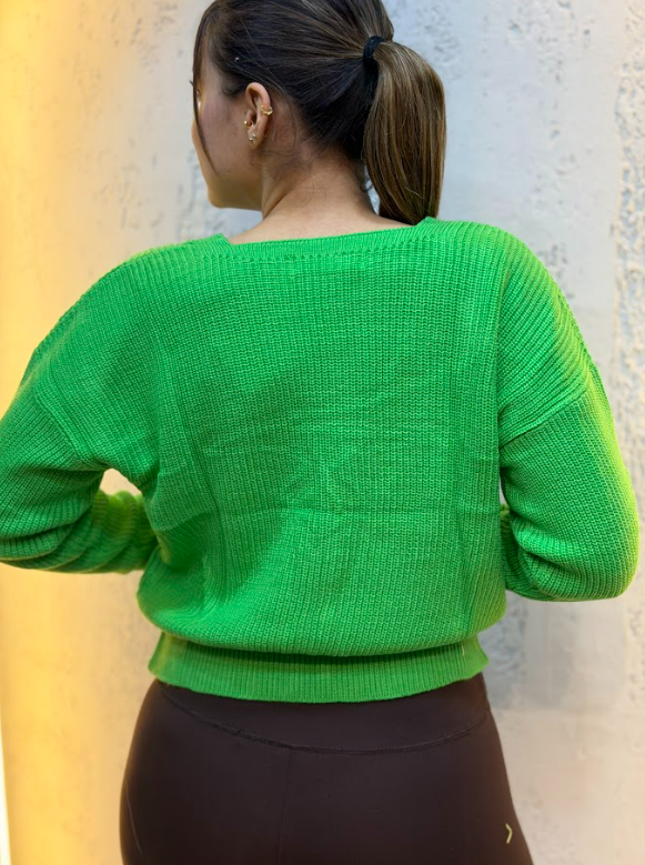 Üç Düğmeli Crop Hırka Yeşil
