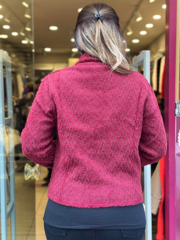 Yaka Detaylı Gold Düğmeli Hırka Bordo