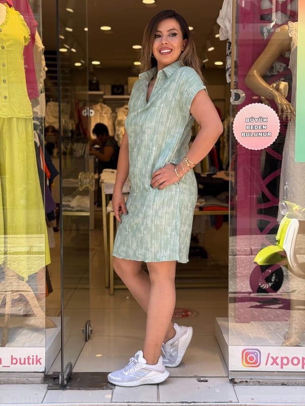 Yakalı Batik Elbise Nil Yeşili