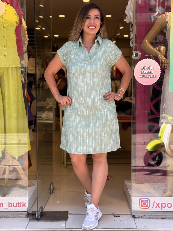 Yakalı Batik Elbise Nil Yeşili