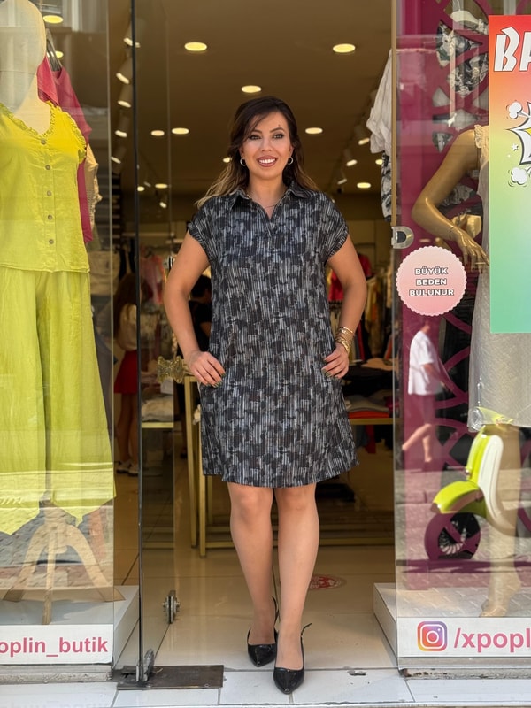 Yakalı Batik Elbise Siyah