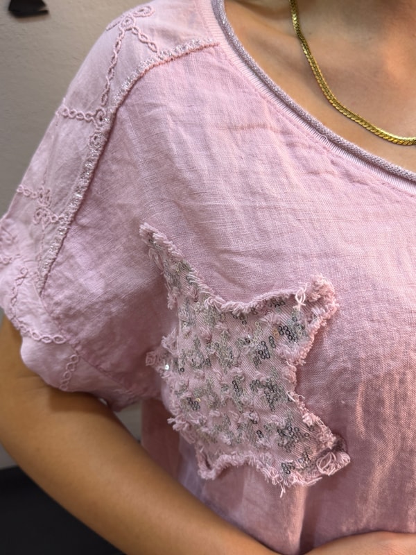 Yıldızlı Kol Fisto Detaylı Bluz Pembe