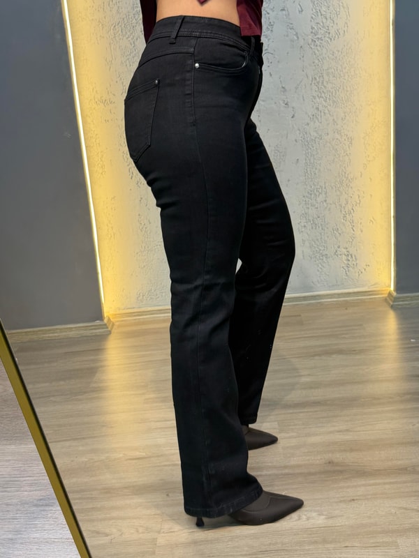 Yüksek Bel Toparlayıcı Boru Paça Kot Pantolon Siyah