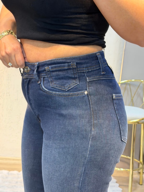 Yüksek Bel Toparlayıcı Boru Paça Kot Pantolon Koyu Mavi