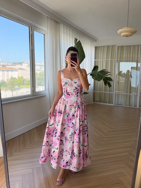  Biyeli Floral Desen Elbise 