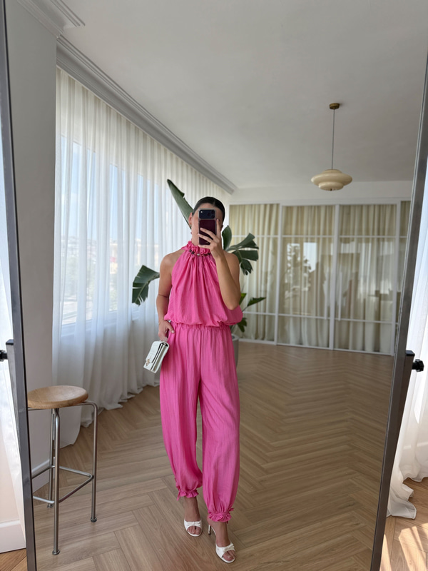 Boncuklu Fuşya Bluz Pantolon Takım