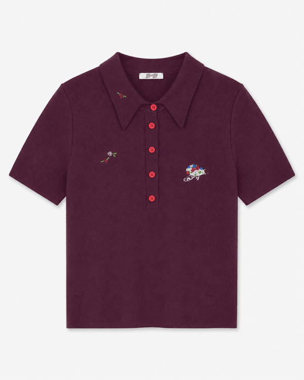 Çiçek Nakışlı Polo Yaka Mürdüm Triko