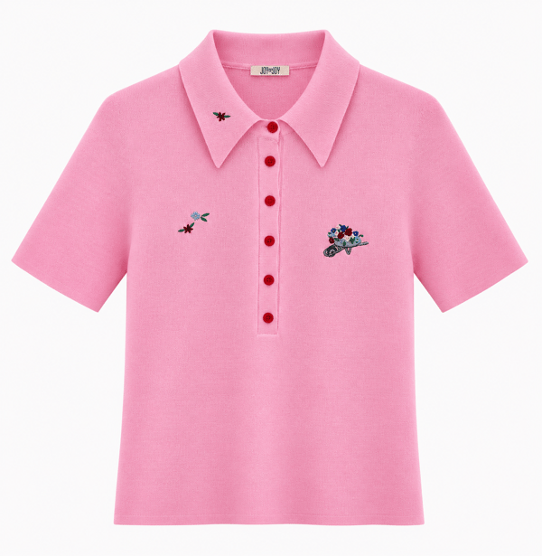 Çiçek Nakışlı Polo Yaka Pembe Triko