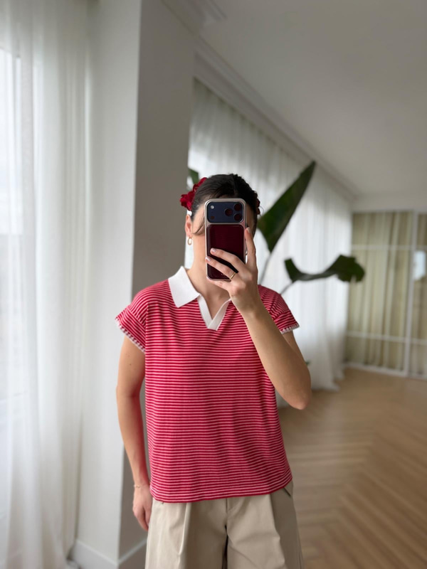Çizgili  Polo Yaka Kırmızı Tshirt